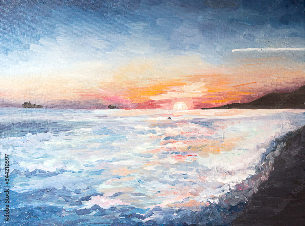 sunset on the sea oil paint. Paint on the canvas. - obrazy, fototapety, plakaty 