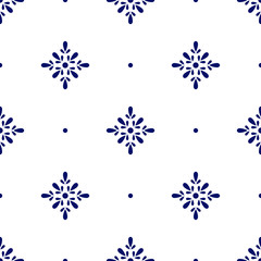 Floral polka dot geometric seamless pattern. Dark blue simple vector flowers on white background. Simple vector geometric illustration. Polka dot abstract design for printing on textile, fabric, paper