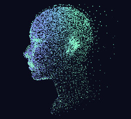 Aufkleber - Silhouette of a human head made of dots and particles. Conceptual image of AI (artificial intelligence), VR (virtual reality), Deep Learning and Face recognition systems.