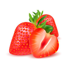 Wall Mural - Vector ripe whole and half strawberry. Realistic berry set isolated on a white background.