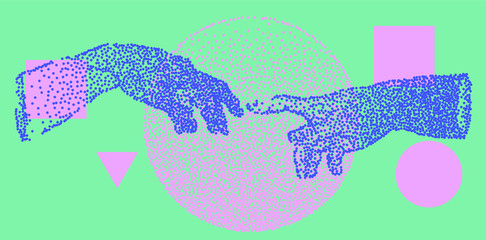 Aufkleber - The Creation of Adam. Vector hand drawn dotwork illustration in postmodern vaporwave style. Fashion print for t-shirt or cover.