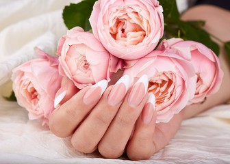 Wall Mural - Hand with long artificial french manicured nails holding pink rose flowers