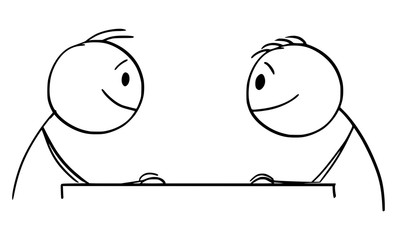 Poster - Vector cartoon stick figure drawing conceptual illustration of two smiling men or businessmen sitting at table and watching each other. Business cooperation or friendship concept.