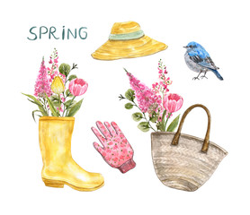 Watercolor gardening elements set, hand drawn illustration. Spring decor. Garden rubber rain boots vase with pink and yellow flowers bouquet, sun blue bird, straw bag, isolated on white background.