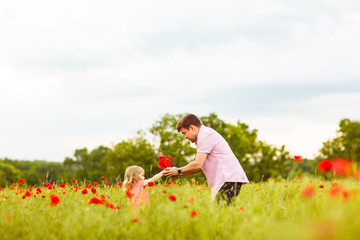 child with dad picking flowers in poppy field