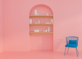 Wall Mural - Pink room with bookshelf and armchair, 3D illustration