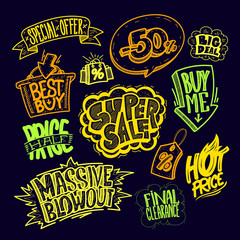 Wall Mural - hand drawn sale signs and elements - super sale, buy me, massive blowout, best buy, hot price, final