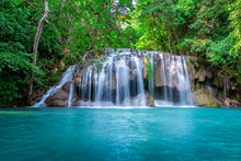 Erawan Waterfall In Thailand. Beautiful Waterfall With Emerald Pool In Nature.