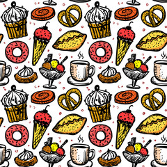 Wall Mural - Pastry sweets seamless pattern, cute hand drawn sketch food symbols