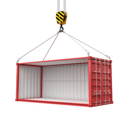 Poster - 3d rendering of open empty red open-side cargo container suspended from crane isolated on white background.
