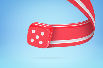 Poster - 3d close-up rendering of red dice with white dots leaving pixel stretch trail behind it on light blu