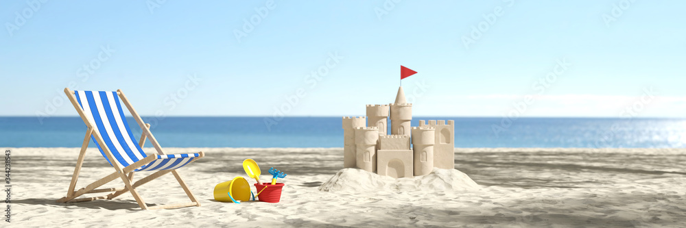 Sandburg am Strand im Urlaub in den Sommer Ferien - obrazy, fototapety, plakaty 