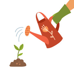 Watering can holding in hand. Man watering sproutwith a watering can. Drops of water falling. Human hand in glove with can watering plant . flat vector illustration Isolated on white background.