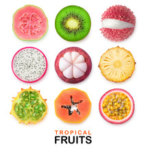 Isolated Tropical Fruits Slices. Pieces Of Guava, Kiwi, Lychee, Dragon Fruit, Mangosteen, Pineapple, Horned Melon, Papaya And Passion Fruit Isolated On White Background