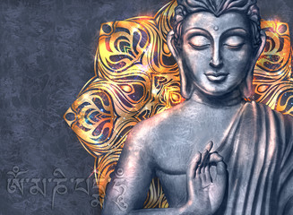 Wall Mural - Shining and glowing Buddha in a Lotus Pose - digital art collage combined with on dark background and stylized mandala. Mantra Om mani padme hum in Tibetan langwith