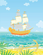 Old Sailing Ship With Guns Going Under Full Sail In Front Of A Tropical Island With An Abandoned Anchor On A Sand Deserted Beach With Palm Branches On A Summer Day, Vector Cartoon Illustration