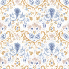 Seamless old damask pattern in french blue linen shabby chic style. Hand drawn floral texture. Old white blue background.  Interior wallpaper home decor swatch. Ornate flourish motif all over print