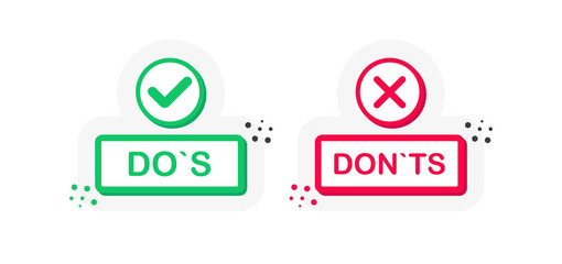 Poster - Two buttons on white background. Do`s and Don`ts. Red and green. Thumbs up and thumbs down. Vector