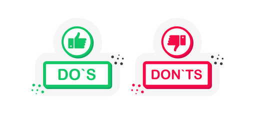 Two like buttons on white background. Do`s and Don`ts. Red and green. Thumbs up and thumbs down. Vector