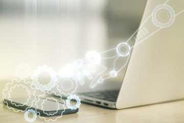Poster - Creative concept of robotics technology on modern laptop background. Robot development and automation concept. Multiexposure