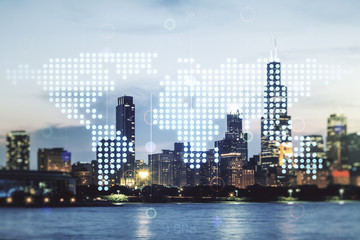 Poster - Abstract creative world map interface on Chicago skyline background, international trading concept. Multiexposure