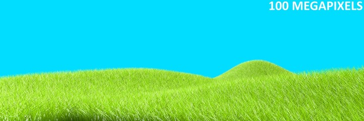 very high resolution beautiful green hill with grass isolated on blue, peaceful nature concept - 100 megapixels abstract 3D illustration