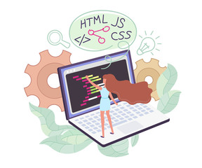 Web development. Website programming and coding. The woman is working on the backend in IDE on a laptop. Faceless flat concept illustration of creating a web page with floral elements and gears.