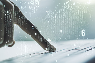 Poster - Multi exposure of abstract graphic coding sketch with world map and hands typing on computer keyboard on background, big data and networking concept