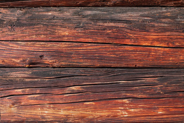 Wall of an old house. Background with logs close-up. Wood texture with longitudinal cracks.