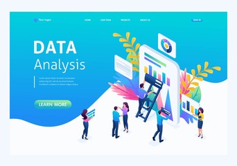 Aufkleber - Isometric concept data collection by workers, the process of analyzing data on the tablet. Landing page concepts and web design