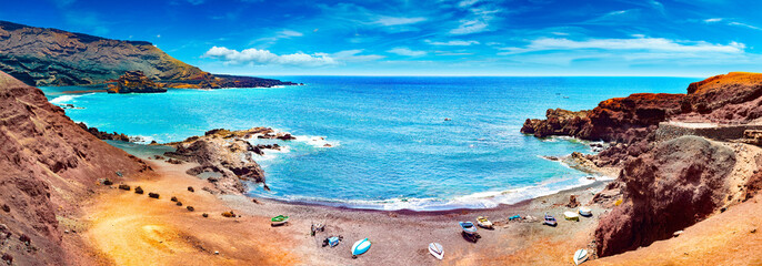 Canary island and Spanish beach.Scenic landscape Green lake in El Golfo, Lanzarote island, Spain