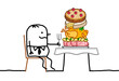 Cartoon fat man sitting a a table, with a too big pile of food in his plate