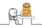 Fototapeta  - Cartoon fat man sitting a a table, with a too big pile of food in his plate