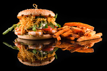 Canvas Print - big shrimp burger and fried sweet potato