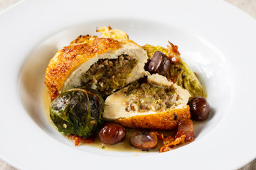 Wall Mural - Roast chicken with savoy cabbage and chestnuts