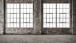 Empty, large interior with old brick walls and big windows.  Interior concept background . 3d Render