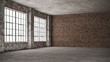 Empty, loft industrial grunge interior. Old brick walls and big windows.  Interior concept background . 3d Render