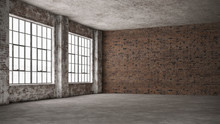 Empty, Loft Industrial Grunge Interior. Old Brick Walls And Big Windows.  Interior Concept Background . 3d Render