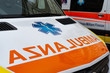 Ambulanza sign on a Italian ambulance car medical service in  Tuscany, Italy, Europe