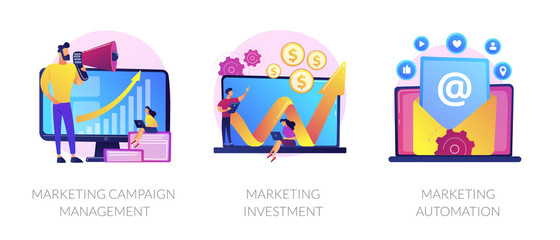 Wall Mural - Company promotion icons set. Cost optimization, capital spending. Marketing campaign management, marketing investment, marketing automation metaphors. Vector isolated concept metaphor illustrations.