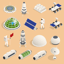 Isometric Set Of Icons Space Equipment And Vehicles Of Space Exploration With Rockets Artificial Satellites, Planets With Astronauts, Isolated.