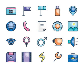 Poster - speaker and user interface icon set, line color style