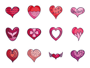 Wall Mural - cute hearts icon set, line color style