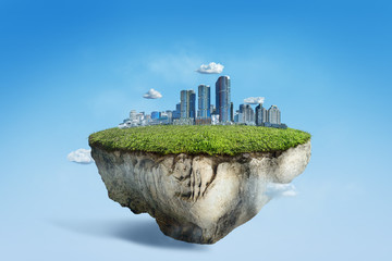 fantasy floating island with green grass field and cityscape, surreal flying island with skyline cit