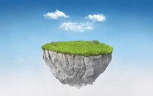 3d Paradise Rock Floating Island With Green Grass Field, Surrealism 3d Rendering Float Stone Land Isolated On Blue Sky With Clouds