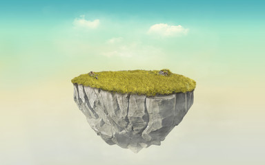 3d paradise rock floating island with green grass field, surrealism 3d rendering float stone land isolated on pastel cyan sky