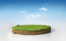 Fantasy 3D Rendering Circle Podium Grass Field, Paradise 3D Illustration Round Soil Mockup Cross Section Isolated On Blue Sunny Afternoon
