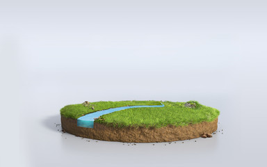 Wall Mural - Fantasy 3D rendering circle podium grass field with river, surreal 3D Illustration round soil cutaway cross section isolated on white background