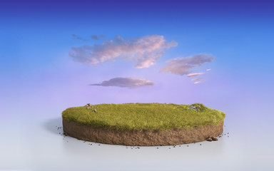 Wall Mural - Fantasy 3D rendering circle podium grass field, paradise 3D Illustration round soil mockup cross section isolated on surrealism purple evening