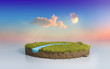 Fantasy 3D rendering circle podium grass field with river, surreal 3D Illustration round soil cutaway cross section isolated on purple sunset sky